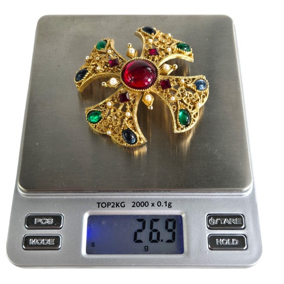 Maltese Cross Brooch Pendant Goldtone Gripoix Glass Emerald Pearl‎ Open Back Vtg - Picture 7 of 8